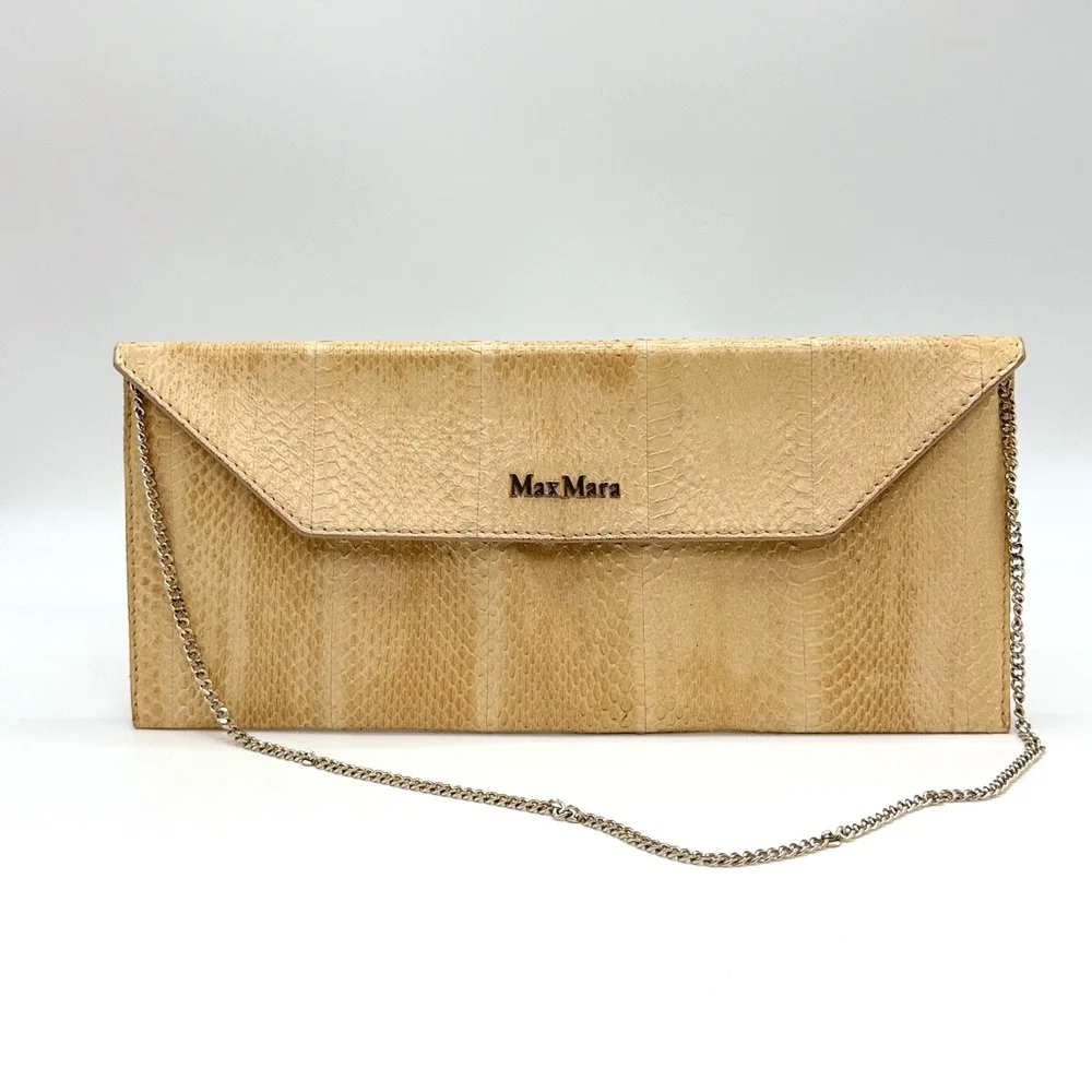 Max Mara Beige Leather Python Print Clutch Bag Chain Strap Luxury Envelope Purse